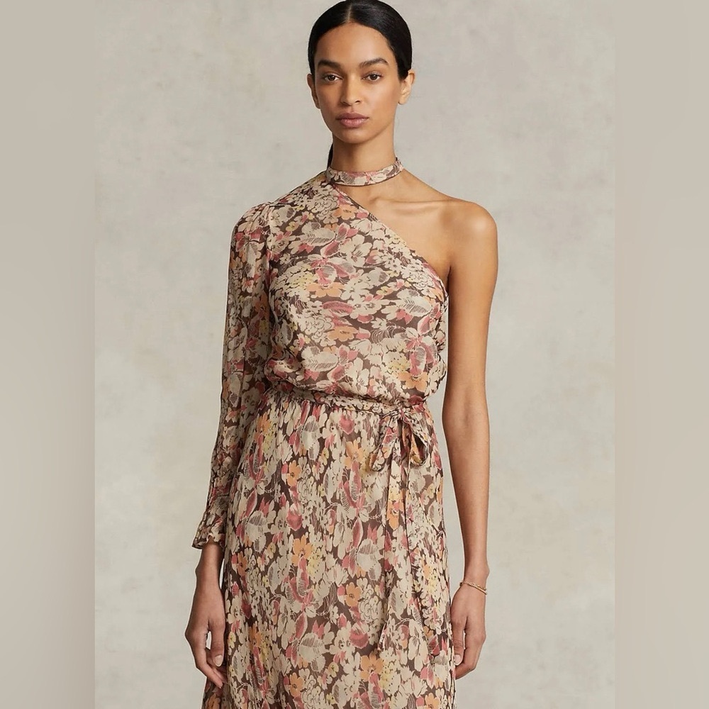 Polo Ralp Lauren Micele One Shoulder Brown Floral Midi Dress - Picture 9 of 9